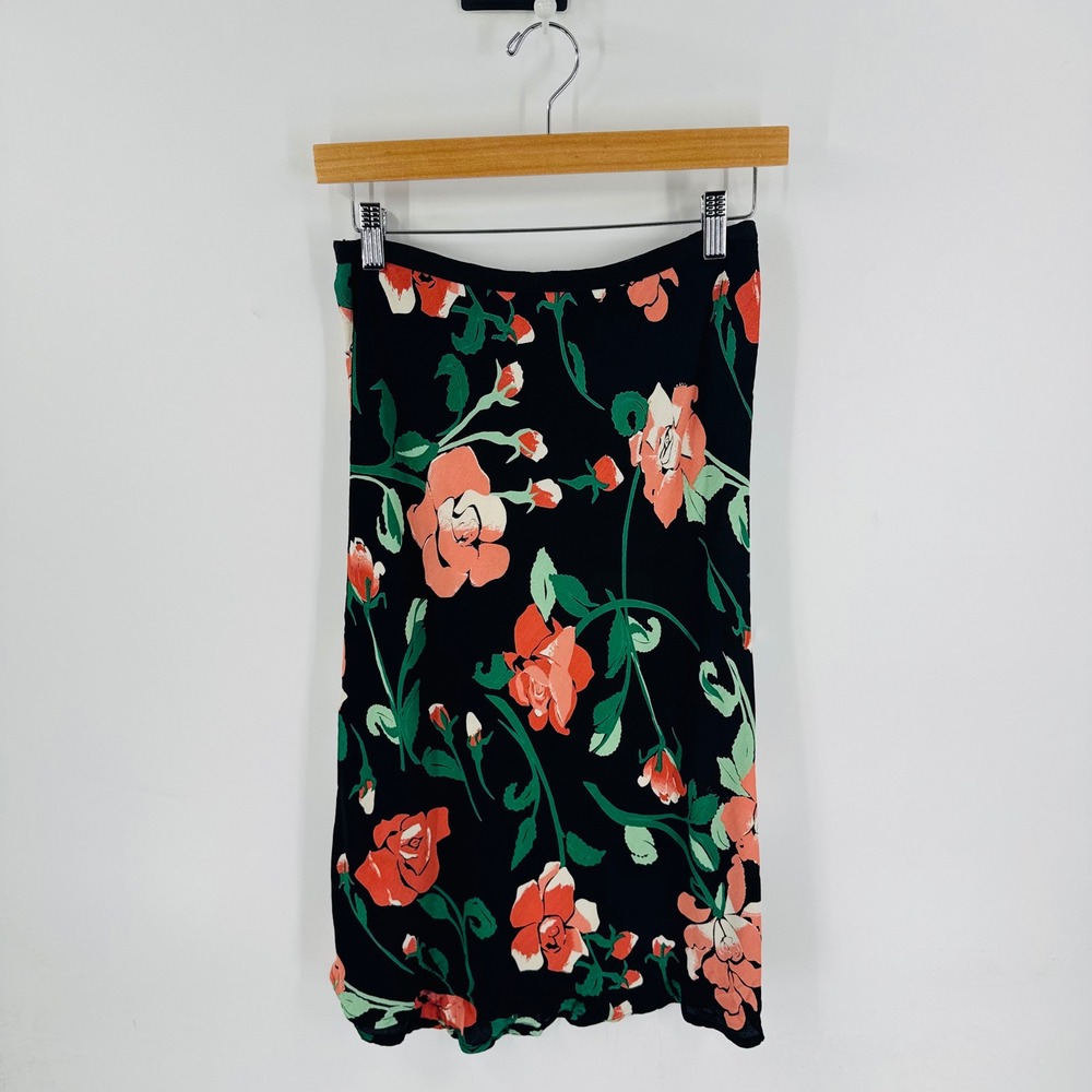 Loco Lindo Womens Black Coral Rose Floral Rayon Midi Skirt Made‎ in USA Size M
